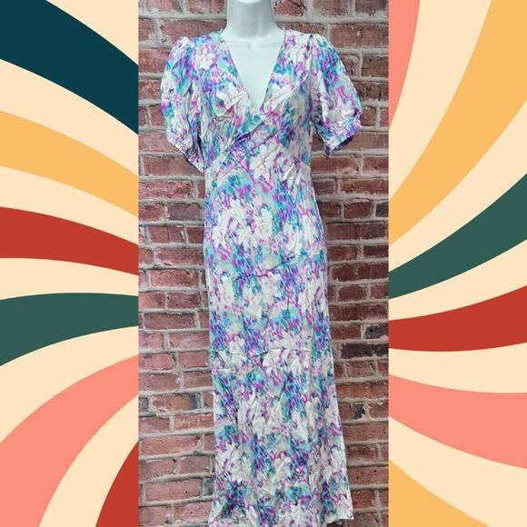 a new day Dresses & Skirts - A New Day Blue Floral Midi Dress XXL Deep V Neck Short Sleeve Crepe Lightweight